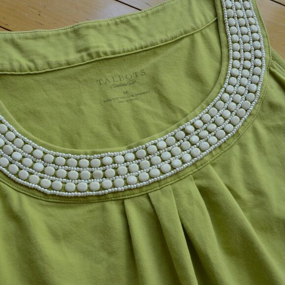 Talbots Top Women's Chartreuse Green Sleeveless Beaded Scoop Neck Tee Medium M - Picture 5 of 9